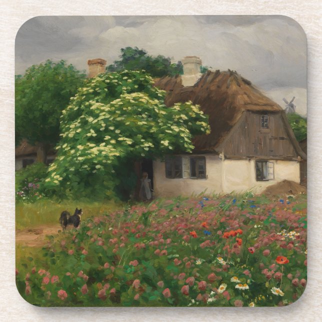 Bauernhof mit Wiese-Blume Getränkeuntersetzer (Vorderseite)