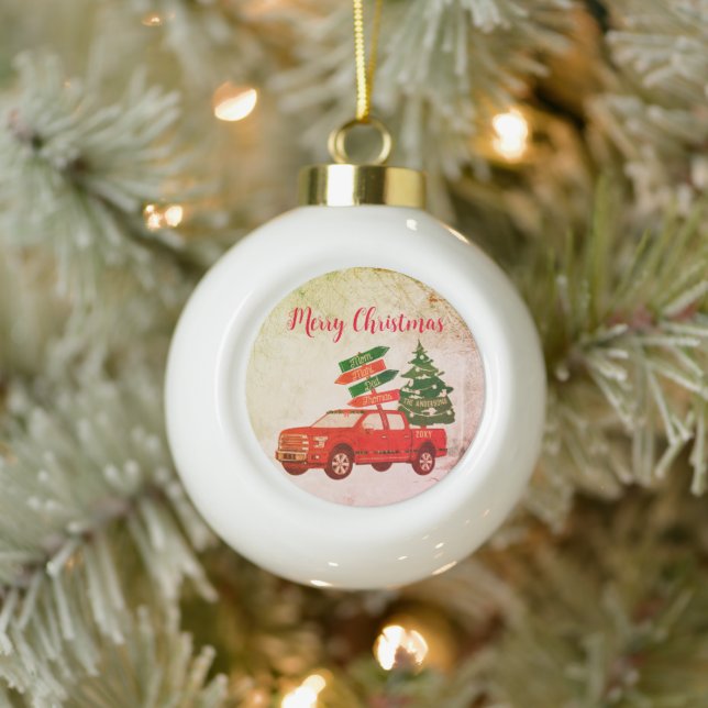 Bauernhof Red Truck Familie Name Jahrgang Weihnach Keramik Kugel-Ornament (Baum)