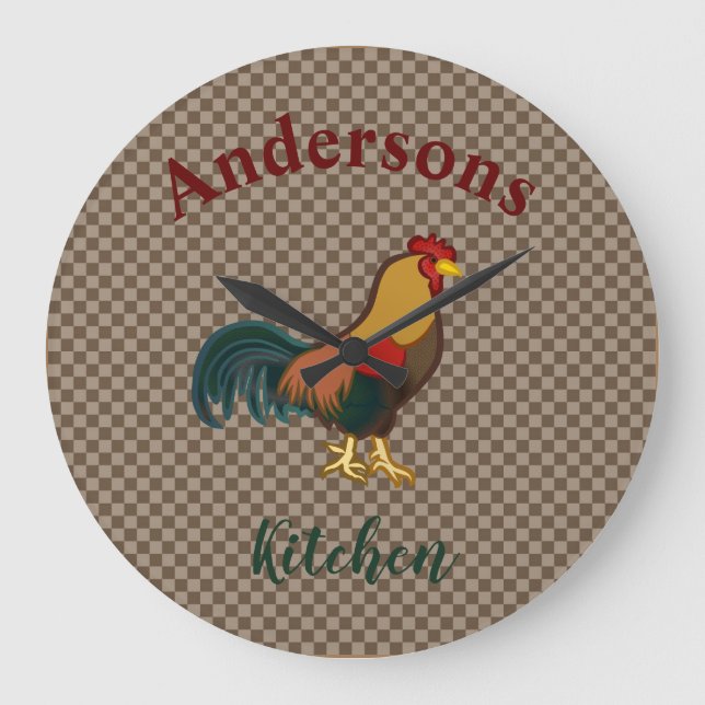 Bauernhof Rooster Design Gingham Hühneruhr Große Wanduhr (Vorderseite)