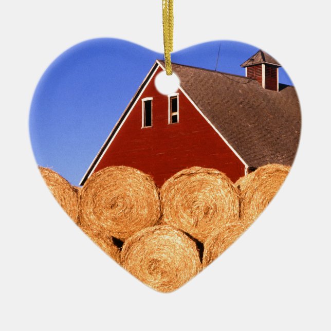 Bauernhof-rote Scheunen-Heu-Ballen Keramik Ornament (Vorne)