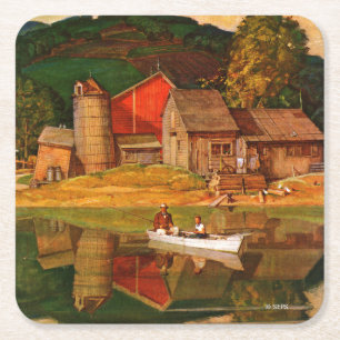 Bauernhof-Teich-Landschaft durch Met Schaeffer Rechteckiger Pappuntersetzer