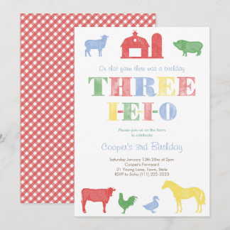 Bauernhof Thema Drei I-E-I-O 3. Geburtstag Party Einladung