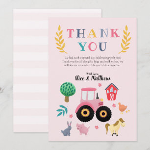 Bauernhof Tiere Rosa Traktor Kinder Geburtstag Dankeskarte