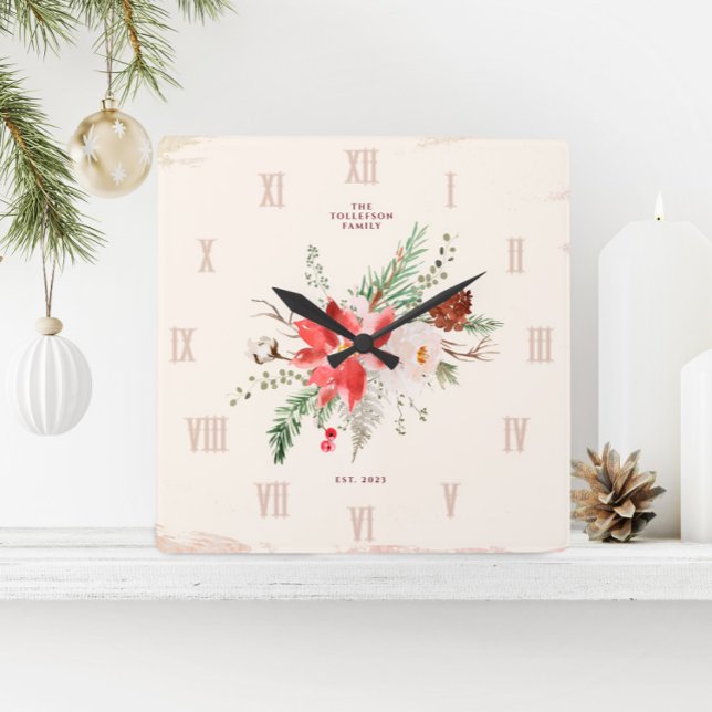 Bauernhof Weihnachten Winter Poinsettia Rustikal Quadratische Wanduhr (Christmas Clock - Rustic Vintage Farmhouse Poinsettia & Winter Greenery)