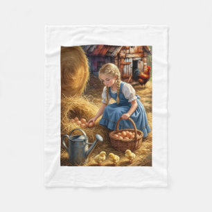 Bauernhofmädchen sammelt Eier mit Küken Fleece-Dec Fleecedecke