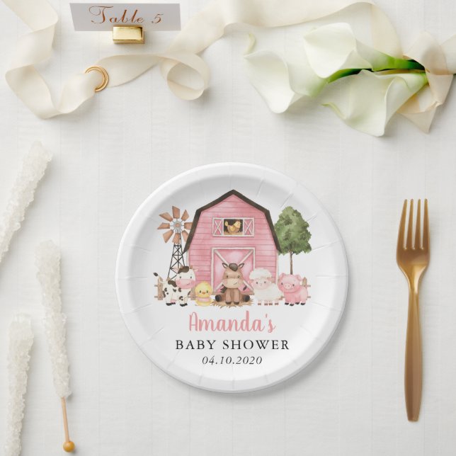 Bauernhoftiere, Süße Tiere, Rosa Scheune, Babypart Pappteller (Hochzeit)
