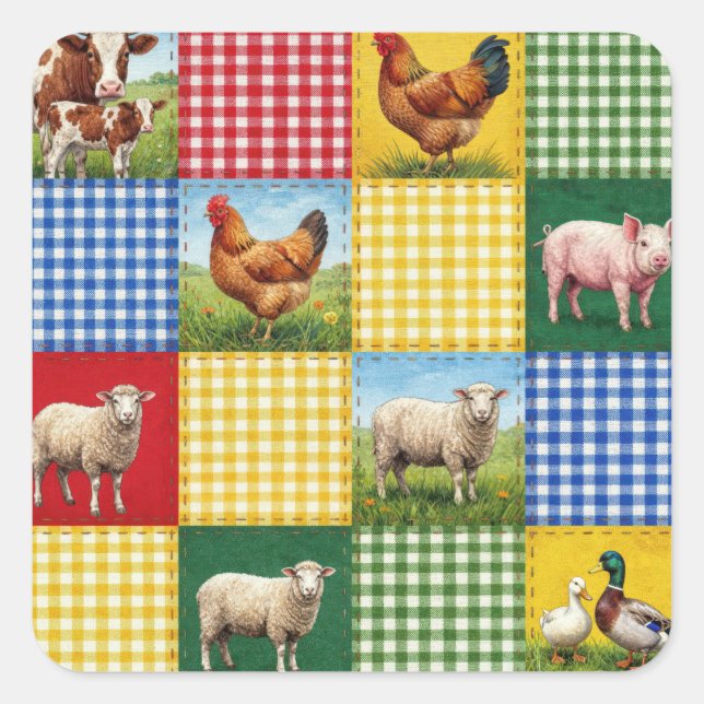 Bauernhoftiere und Gingham-Patchwork-Quilt Quadratischer Aufkleber (Vorderseite)