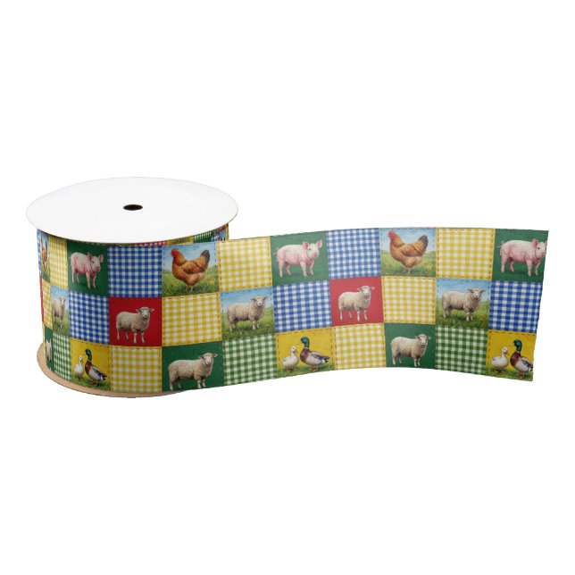 Bauernhoftiere und Gingham-Patchwork-Quilt Satinband (Spule)