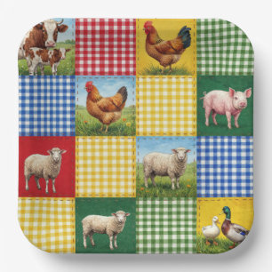 Bauernhoftiere und Gingham-Patchworkdecke Pappteller