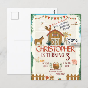 Bauernhoftiere Wasserfarbe Moderner 1. Geburtstag Postkarte