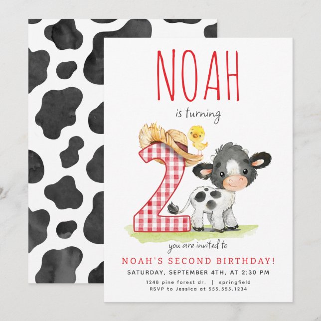 Bauernkühe Zweite Geburtstagseinladung Einladung (Vorne/Hinten)