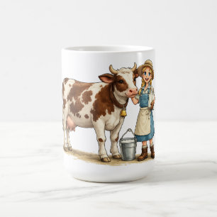Bauernmädchen mit Kuh, niedliche ländliche Molkere Kaffeetasse