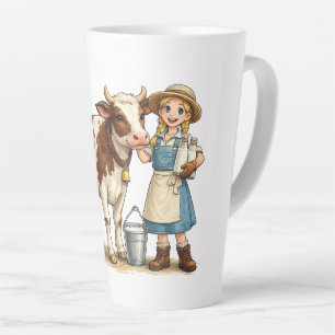 Bauernmädchen mit Kuh, niedliche ländliche Molkere Milchtasse