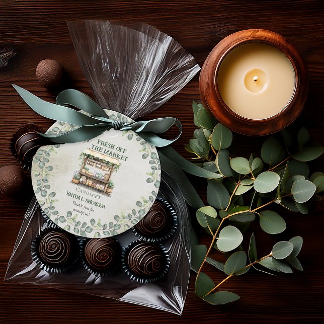 Bauernmarktplatz Begrüßungsstand Brautparty Geschenkanhänger ("She's Fresh Off the Market" Farm Stand and Eucalyptus Farmer's Market Bridal Shower Favor Tags)