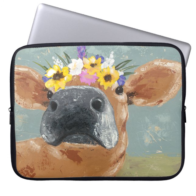 Bauernspass - Kuh mit Blume Crown Laptopschutzhülle (Vorderseite)