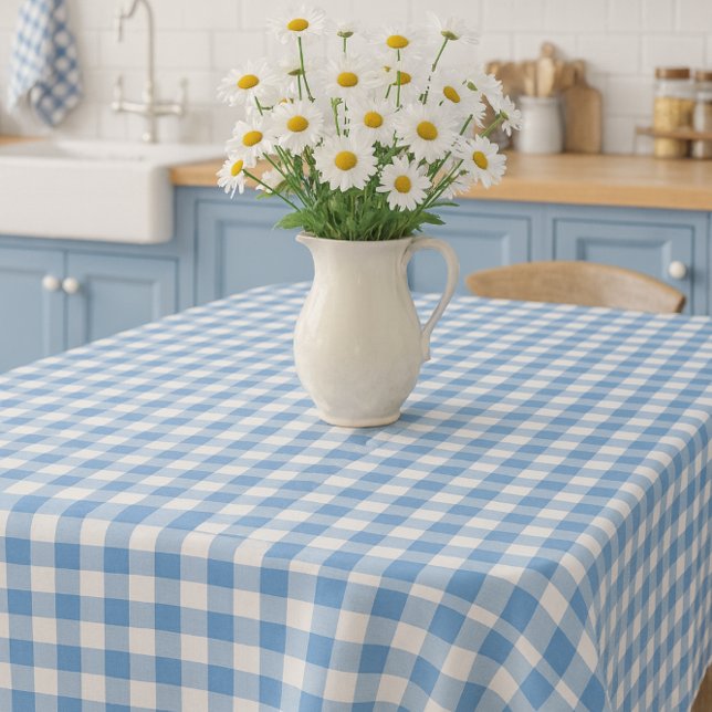 Bauernstil Blau und Weiß Gingham Tischdecke (French country table with white daisy flowers and gingham a timeless look for home or garden.)
