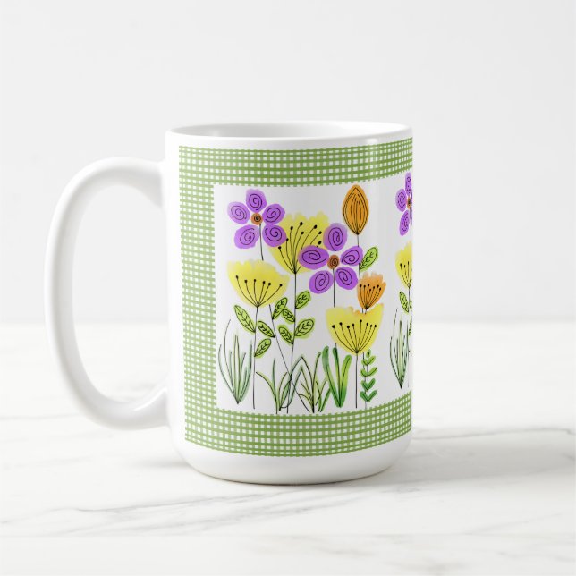 Bauernstil-Blume mit Green Gingham Kaffeetasse (Links)