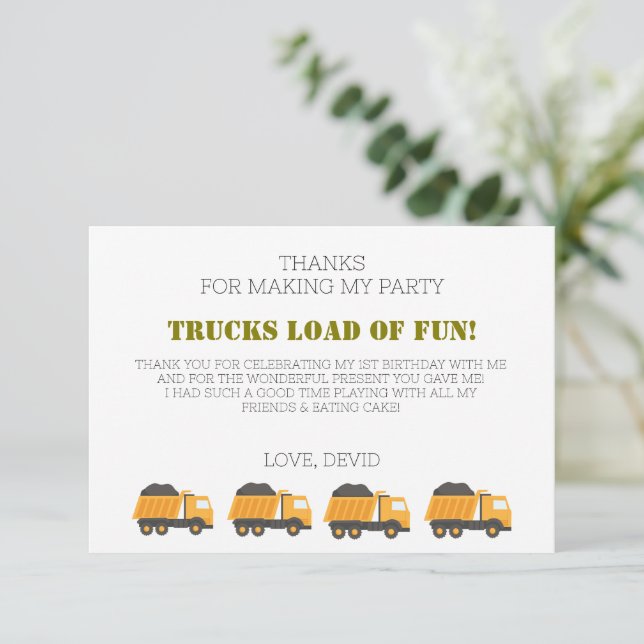 Baufahrt Geburtstag Danke Karte (Stehend Vorderseite)