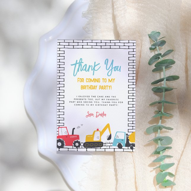 Baufahrzeuge Boy Birthday Party Dankeskarte (Von Creator hochgeladen)