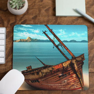 Baufälliges Boot an einem verlassenen Sandstrand Mousepad