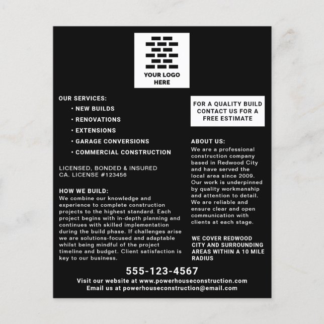 Baufirma Fügen Sie Ihr Logo schwarz hinzu Flyer (Vorne)
