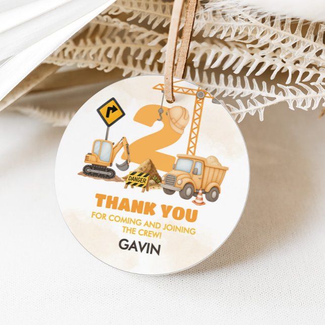 Baugewerbe 2. Geburtstag Party Runde Geschenkanhänger (Construction Truck 2nd Birthday Party Round Favor Tags)