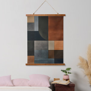 Bauhaus erdige geometrische Muster Wandteppich  Mit Holzrahmen