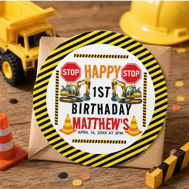 Baukasten Truck 1. Geburtstag Party Runder Aufkleber (Construction Dump Truck 1st Birthday Party Classic Round Sticker)
