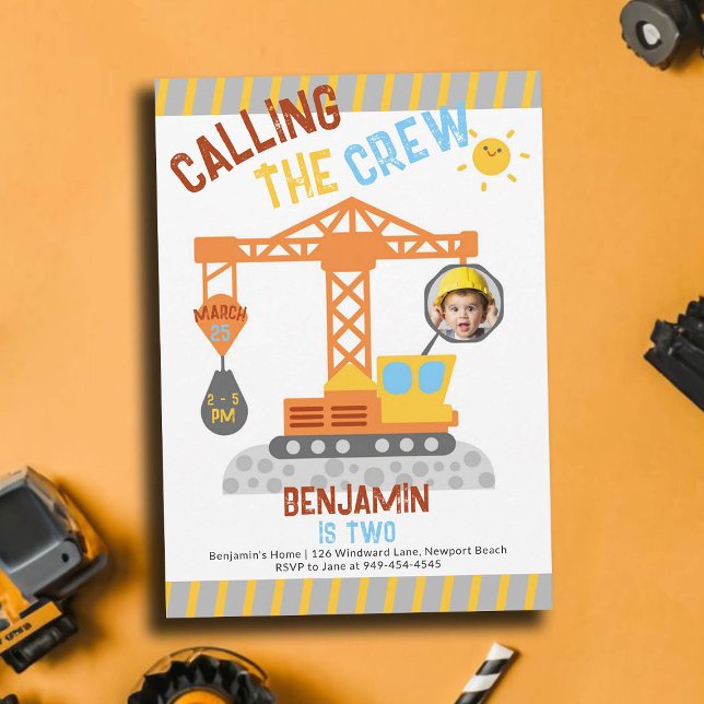 Baukrane Crew Junge 2. Geburtstag Foto Einladung (photo construction birthday invitation 2 second boys crane vehicle crew theme personalized cute fun)