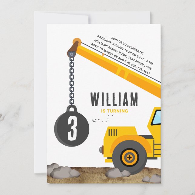 Baukranfahrzeug Geburtstag Einladung (Vorderseite)