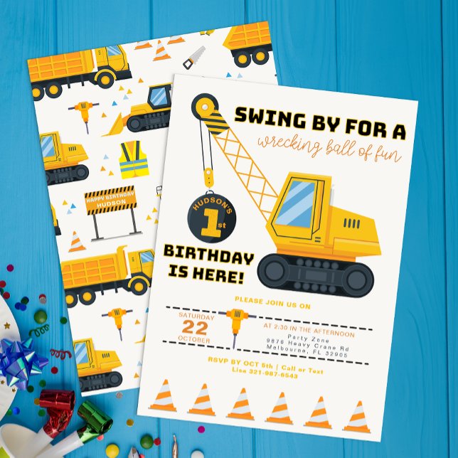 Baukranich - Einladung zum Geburtstag - Gelb (Construction Vehicle Birthday Invite)