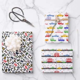 Baulastwagen und Alphabet-Muster  Geschenkpapier Set