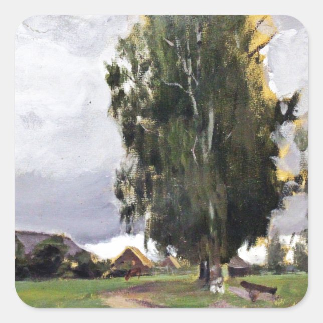 Baum an einem Dorf Quadratischer Aufkleber (Vorderseite)