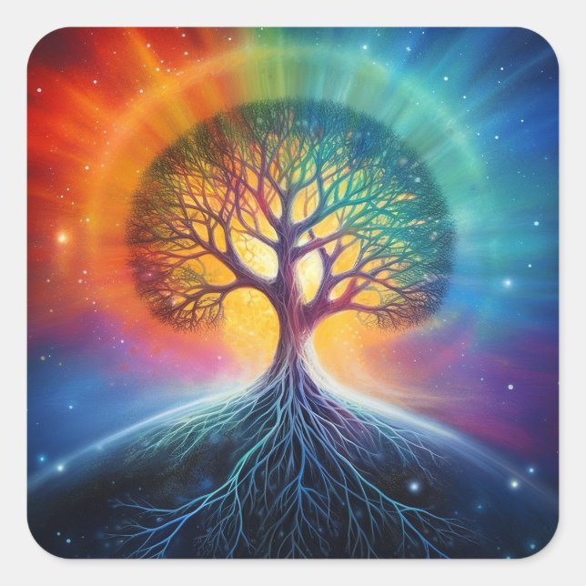 Baum der surrealen Regenbogenkunst Quadratischer Aufkleber (Vorderseite)