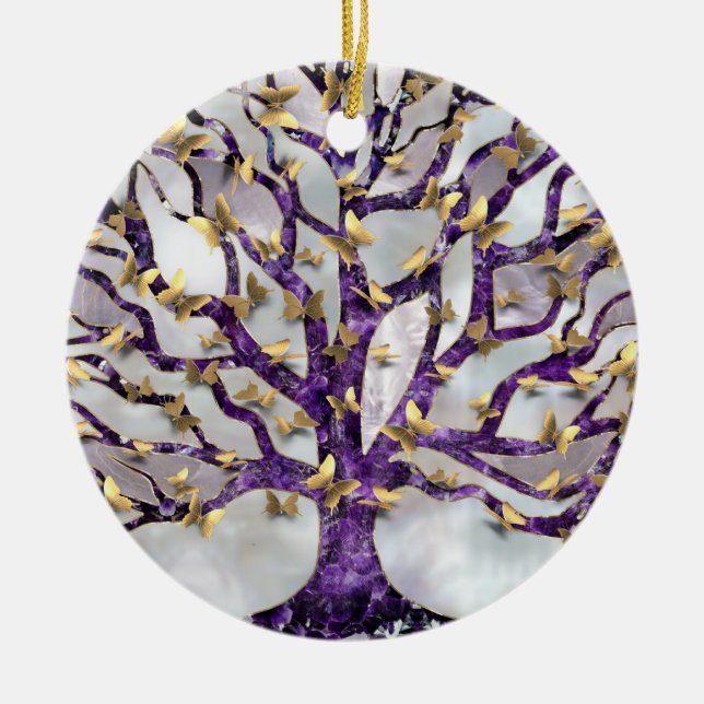 Baum des Lebens - Amethyst und Schmetterlinge Keramik Ornament (Vorne)