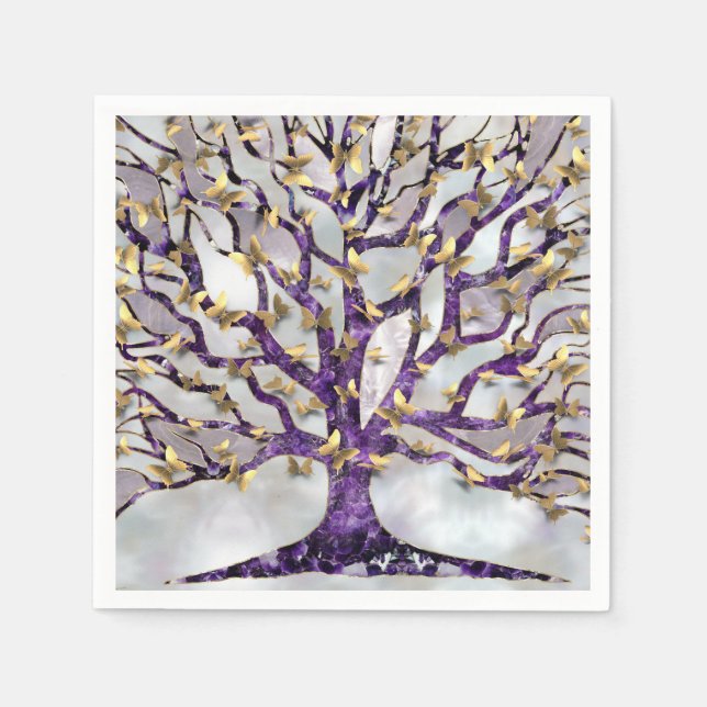 Baum des Lebens - Amethyst und Schmetterlinge Serviette (Vorderseite)