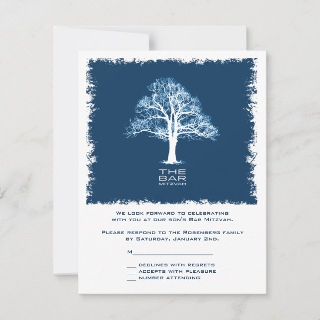 Baum des Lebens Bar Mitzvah UAWG Reply Card Navy RSVP Karte (Vorderseite)