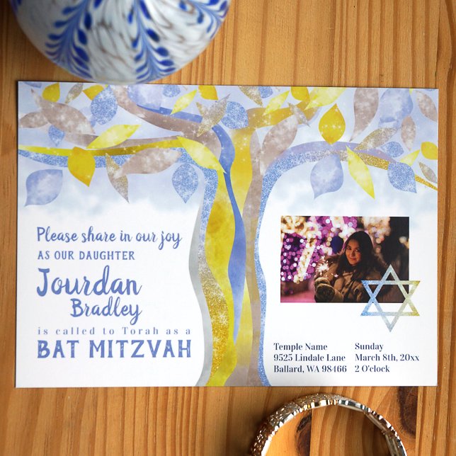 Baum des Lebens Bat Mitzvah Einladung (Blue and yellow tree of life with sparkly leaves, star of david over photo)
