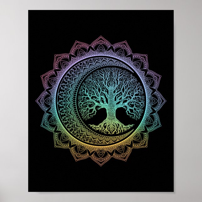 Baum des Lebens Cresent Mondphasen Florales Mandal Poster (Vorne)