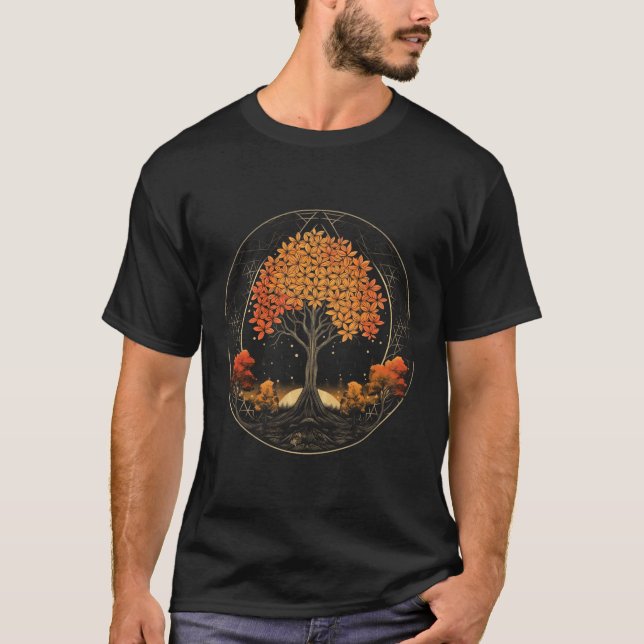 Baum des Lebens Fall Vibes Herbst Boho Heilige Geo T-Shirt (Vorderseite)