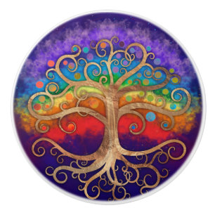 Baum des Lebens Golden Swirl und Regenbogen Keramikknauf