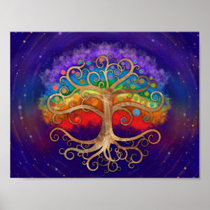 Baum des Lebens Golden Swirl und Regenbogen Poster