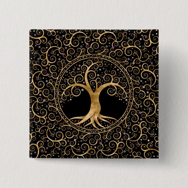 Baum des Lebens Goldene Spirale und Edelsteine Button (Vorderseite)