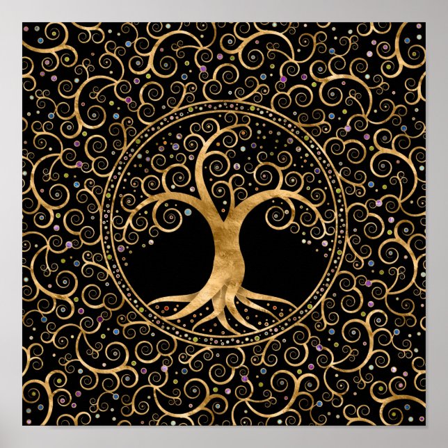 Baum des Lebens Goldene Spirale und Edelsteine Poster (Vorne)