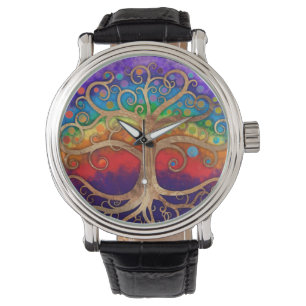 Baum des Lebens Goldener Swirl und Regenbogen Armbanduhr