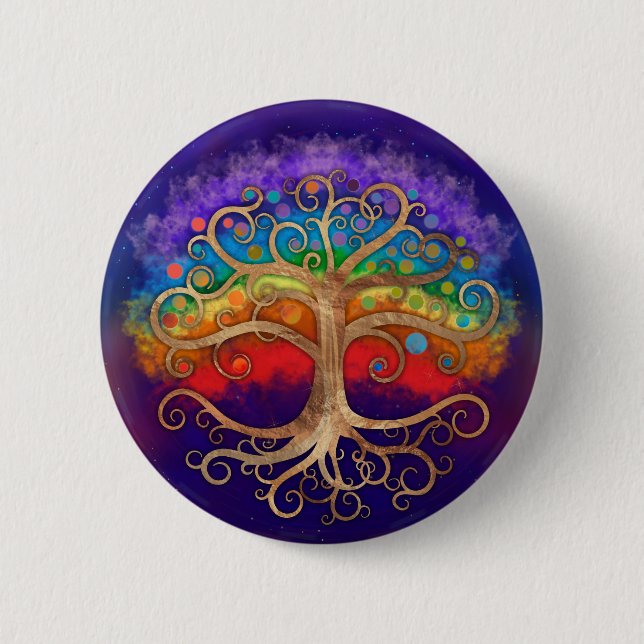 Baum des Lebens Goldener Swirl und Regenbogen Button (Vorderseite)