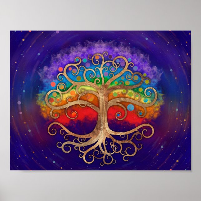 Baum des Lebens Goldener Swirl und Regenbogen Poster (Vorne)
