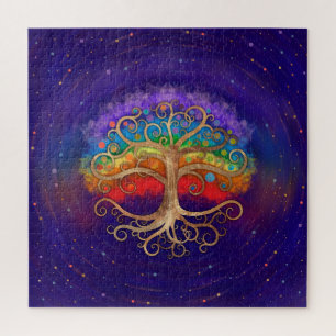 Baum des Lebens Goldener Swirl und Regenbogen Puzzle