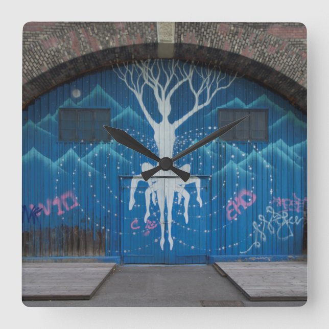 Baum des Lebens Graffiti Quadratische Wanduhr (Vorderseite)