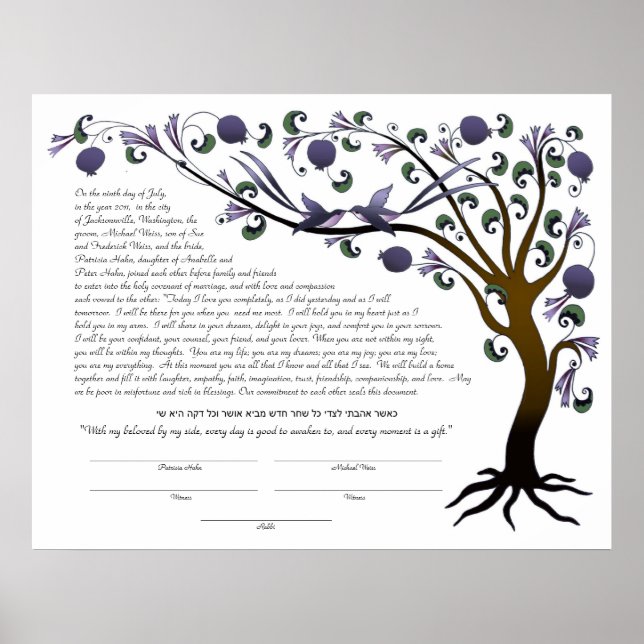 Baum des Lebens Ketubah mit einem hebräischen Zita Poster (Vorne)
